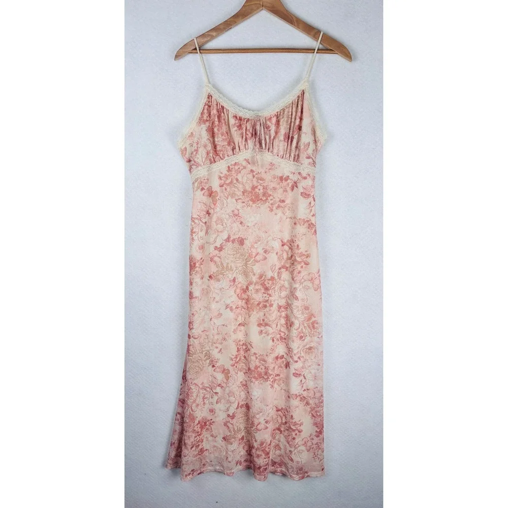 Pink Rose L Floral Maxi Slip Dress Pink Lace Trim Y2K Coquette Cottagecore